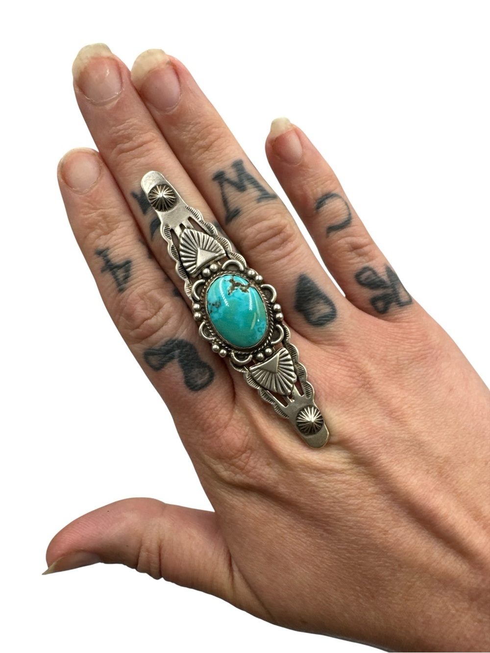 Vintage Sterling Silver Southwest Turquoise Long Double Knuckle Ring size 8.5